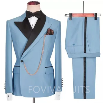 שמיים כחולים חליפות גברים לחתונה Slim Fit עם כפול דש החתן טוקסידו 2 חתיכת ז ' קט מכנסיים האופנה הגברי תחפושת 2023