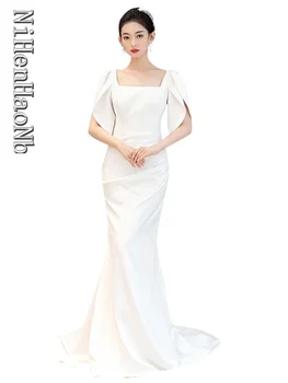 שמלות חתונה עבור נשים סאטן קו-בוהו שמלת כלה עם שרוול כובע