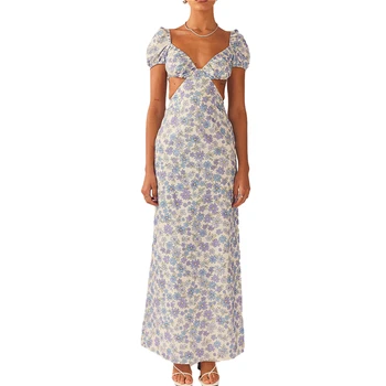 שמלות פרחוניים עבור נשים קיץ Bohe פרחוני הדפסה פאף שרוול קצר חלול הרבה שמלות פיות גראנג השמלה y2k Clubwear