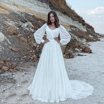 שמלת החתונה 2021 כפרי משובח שיפון ארוך פאף שרוול סקופ רכבת לטאטא מקסים vestidos דה נוביה ביץ ' עיצוב מותאם אישית