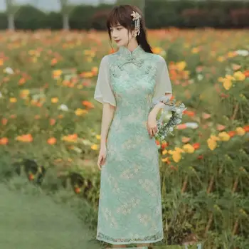 שמלת קיץ נשים בגדים מודרניים Cheongsam באיכות גבוהה רשת רקמה רזה שמלת רטרו עבודת יד כפתורי השמלה הירוקה