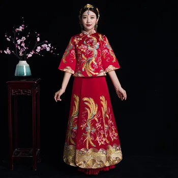 שמלת רטרו עומד צווארון שרוול שלושת רבעי צ ' יפאו סינית מסורתית טאנג חליפה Xiuhe נשים האירוסין של השמלה.
