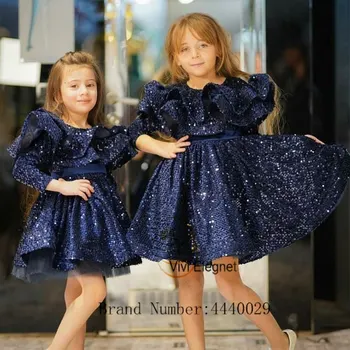 שרוול מלא מסיבת חתונה שמלות מקסים סקופ פרח ילדה שמלות לבנות עם נצנצים בשכבות 2023 חדש فساتين اطفال للعيد