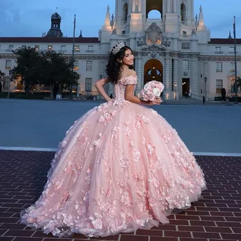 תחרה אפליקציה 3D פרחים, נצנצים הטקס שמלות בנות לנשף יום ההולדת שמלות נסיכה מתוקה 15 16 השמלה Vestidos
